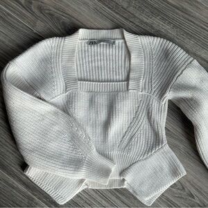 Zara White Ribbed Knit Square Neck Illusion Sweater Top S